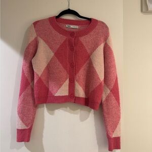 Zara Women's Pink Argyle Cardigan